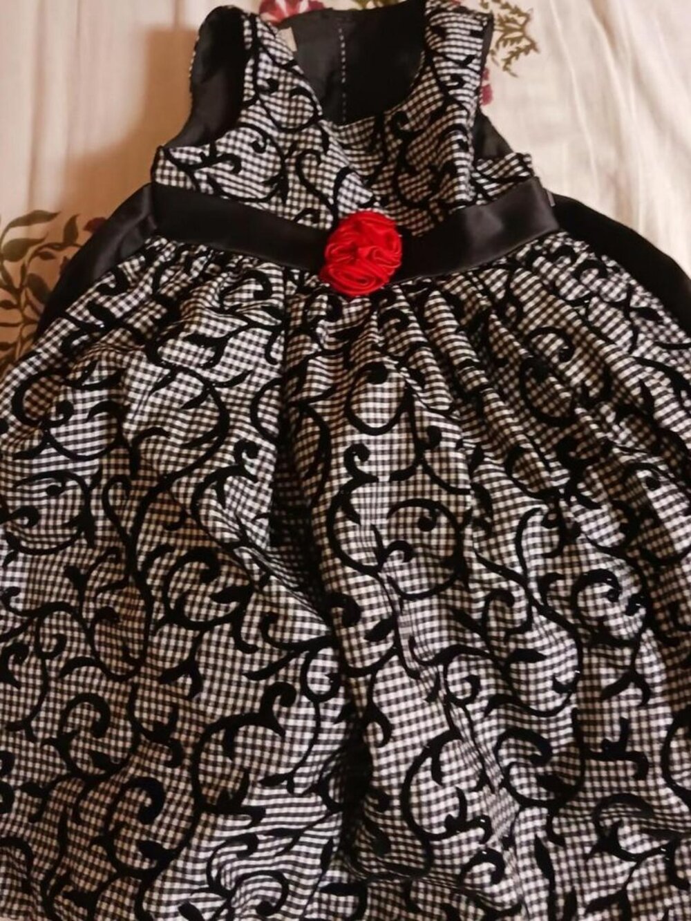 black,grey and while vine patterned dress with rose